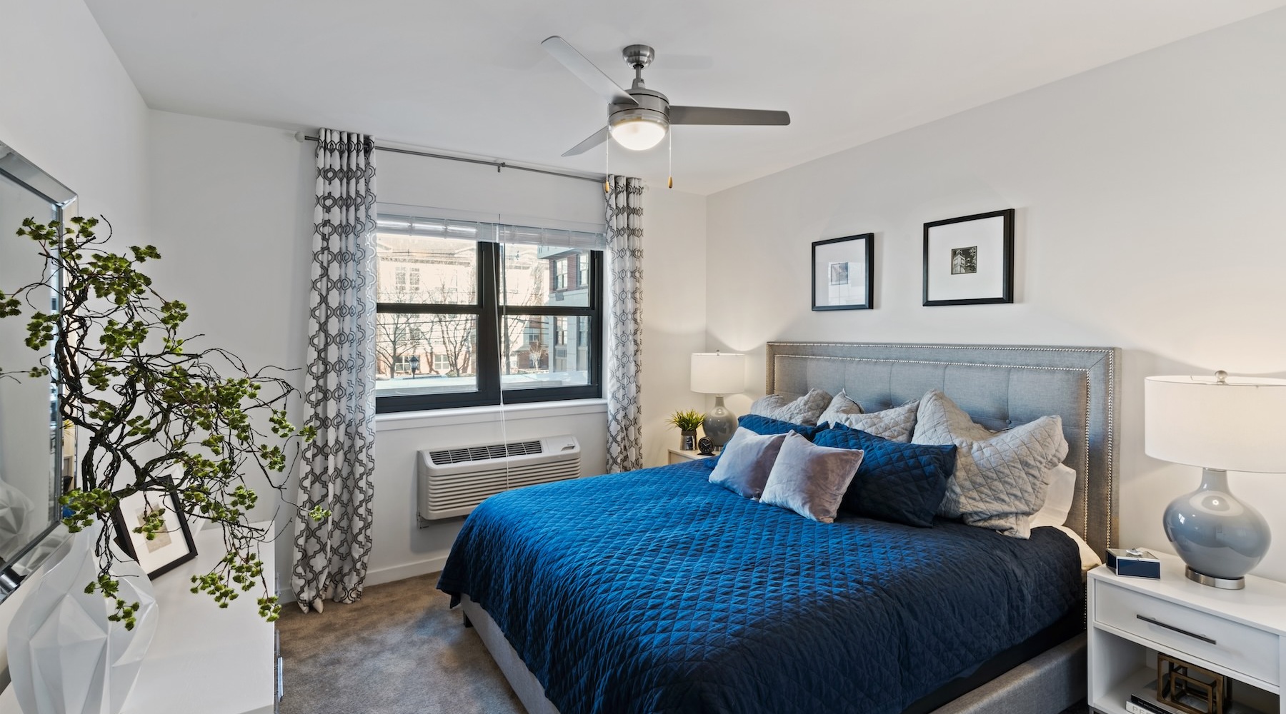 a bedroom with a blue bed and a plant