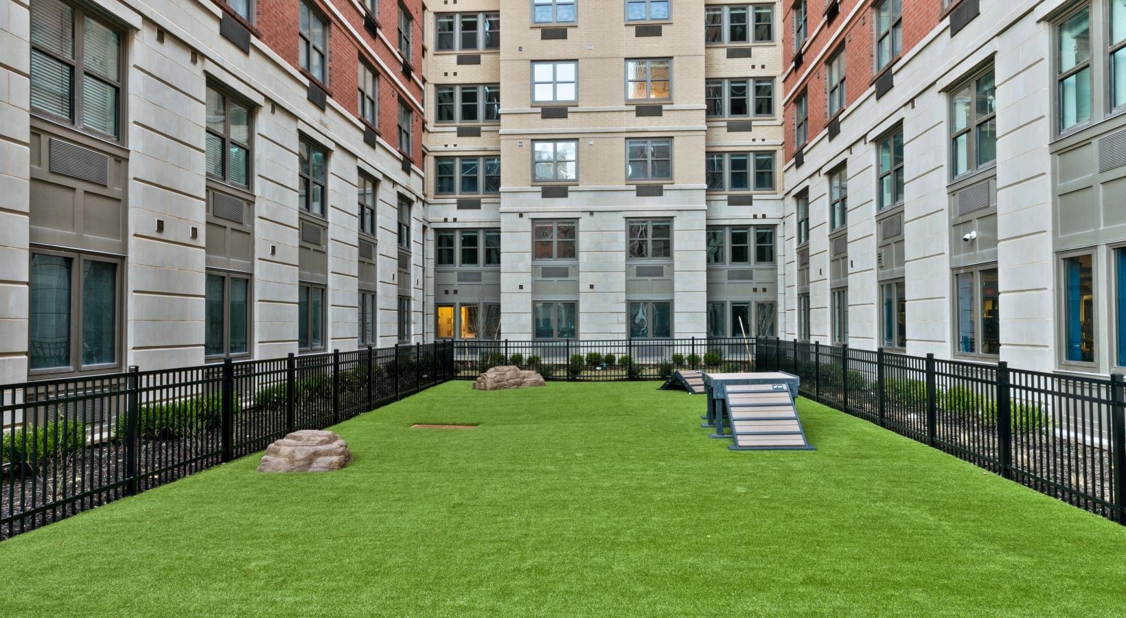 State-of-the-art amenities a dog park with buildings in the background