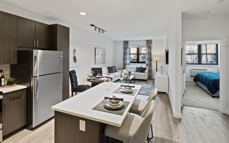 a kitchen with a large island